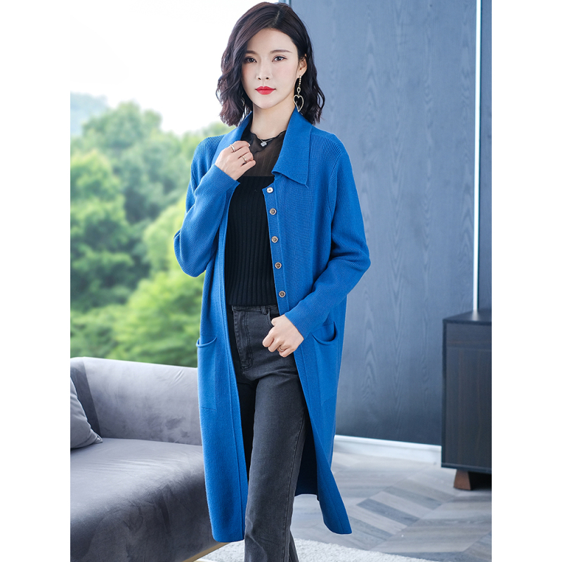 suntek针织开衫女中长款春秋外套西装领衫长款外搭软奶蓝色毛衣女毛衣