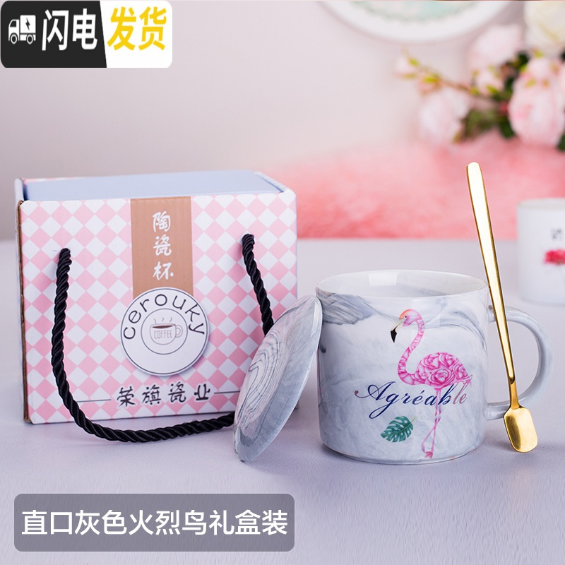 三维工匠陶瓷杯子马克杯带盖勺创意情侣喝水杯家用牛奶咖啡杯男女个性茶杯 直口灰色火烈鸟+礼盒装