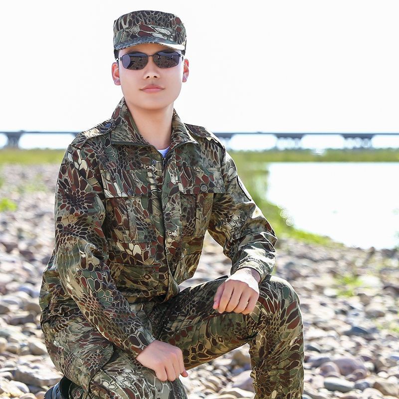 春秋正宗迷彩服男装全套户外团体训练服装耐磨黑色蟒纹迷彩服套装