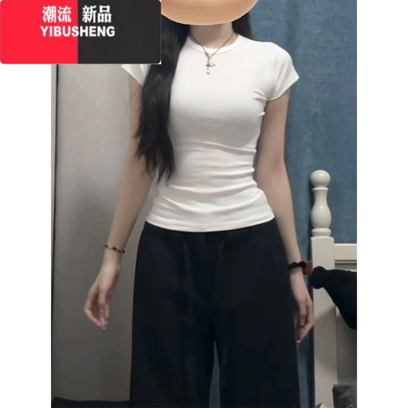 YIBUSHENG白色正肩短袖女季新款辣妹收腰修身上衣显瘦百搭纯色短纯季瘦瘦高清大图