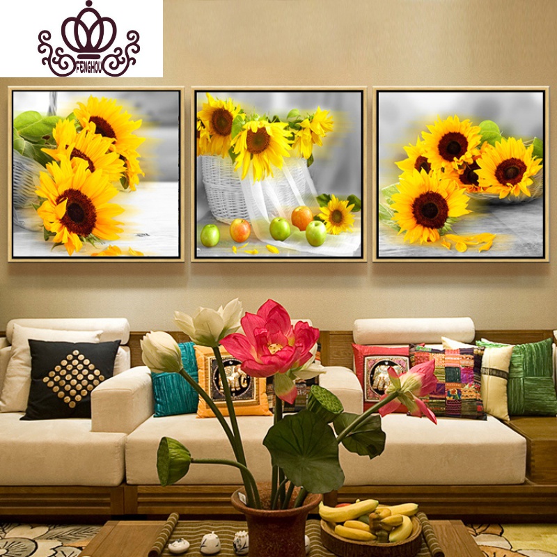 封后(fenghou)向日葵钻石画满钻石绣三联画简约现代客厅贴钻十字绣