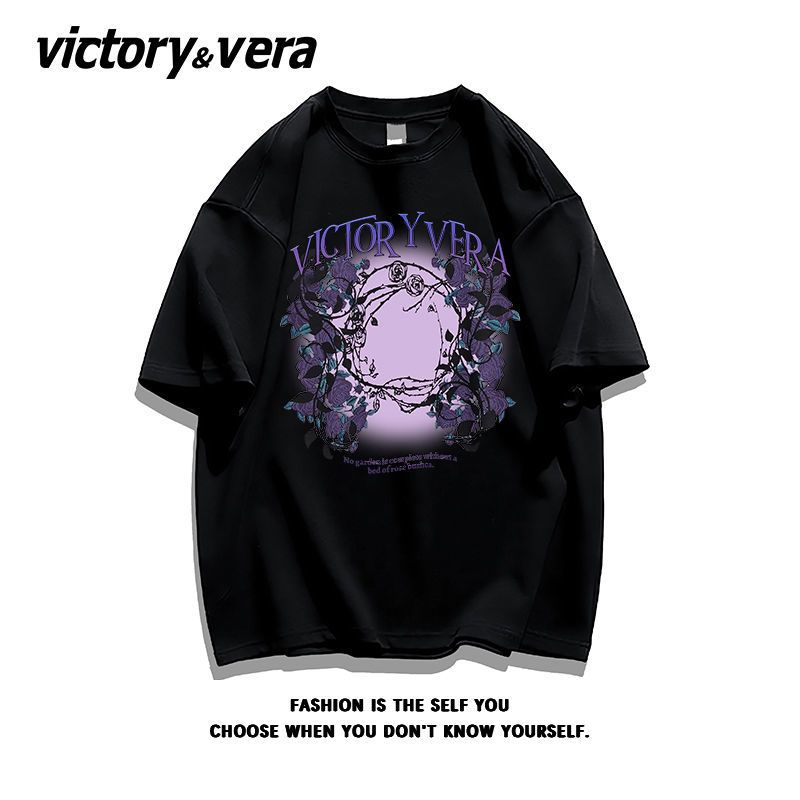 VICTORYVERA夏季ins港风慵懒风印花纯棉短袖t恤女复古chic半袖衫