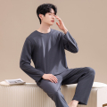 2024新款睡衣男士夏季莫代尔春秋薄款长袖冰丝凉感家居服大码套装 185(XXXL) 长袖深灰+深灰