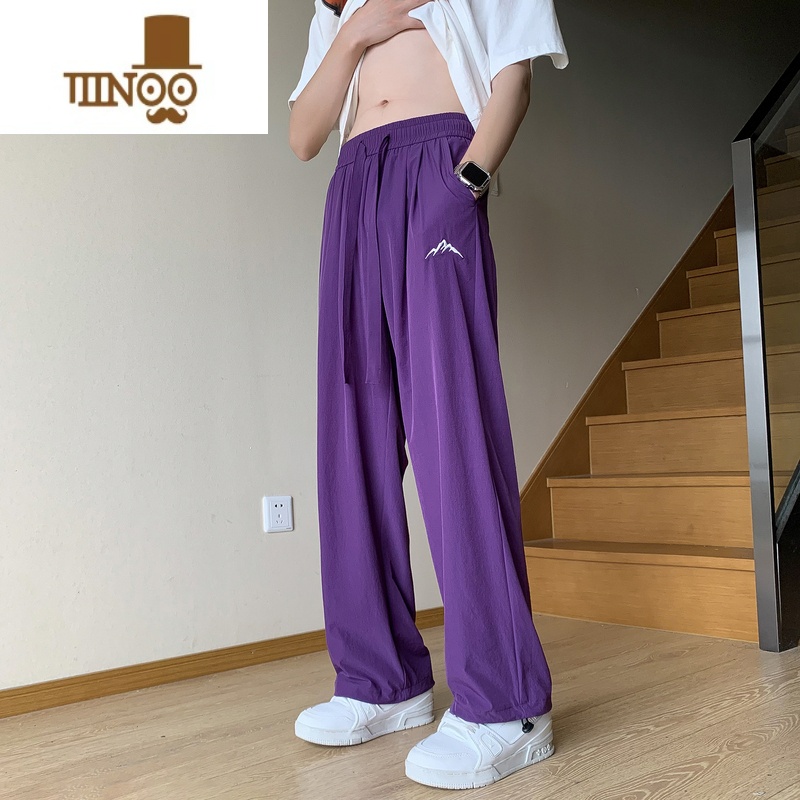 YANXU冰丝裤子男夏季薄款潮牌刺绣宽松大码阔腿直筒抽绳束脚休Y码阔丝高清大图