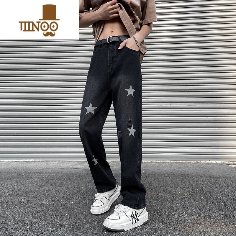 YANXU黄泥色星星牛仔裤男美式高街破洞裤子夏季bf潮牌痞帅宽松直筒长裤