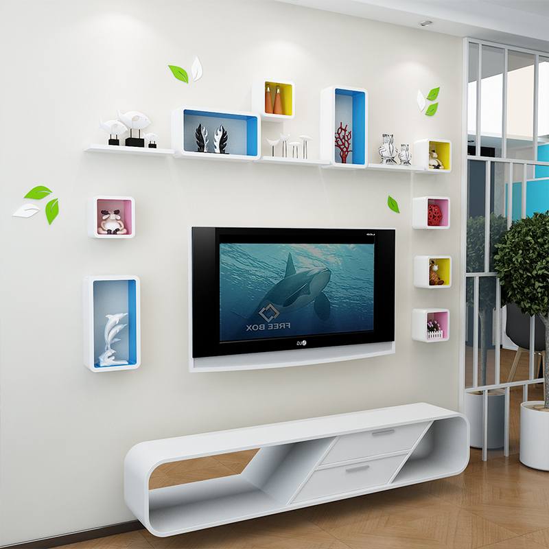 电视背景墙装饰隔板机顶盒架壁挂墙面搁板创意格子客厅墙上置物架