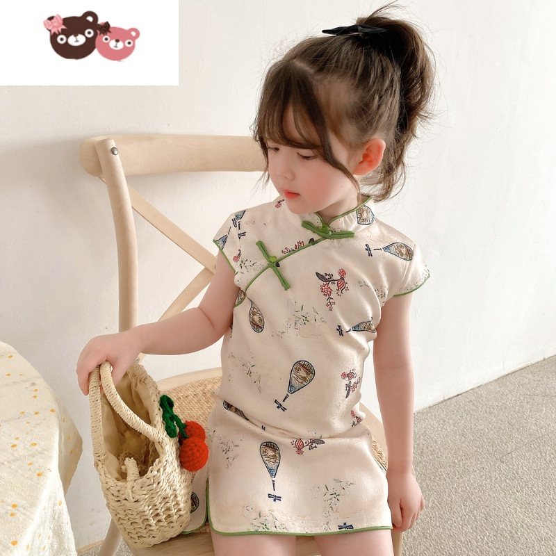 绿彩虹光儿童旗袍夏季中国风宝宝民族风洋气古筝演出礼服小女孩网红