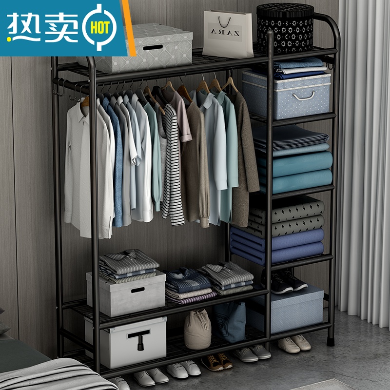 敬平晾衣架落地卧室折叠室内杆式晒衣架简约家用挂衣服架子收纳置物架 120cm-(柜式衣架豪华款)+白色+五层置物网高清大图