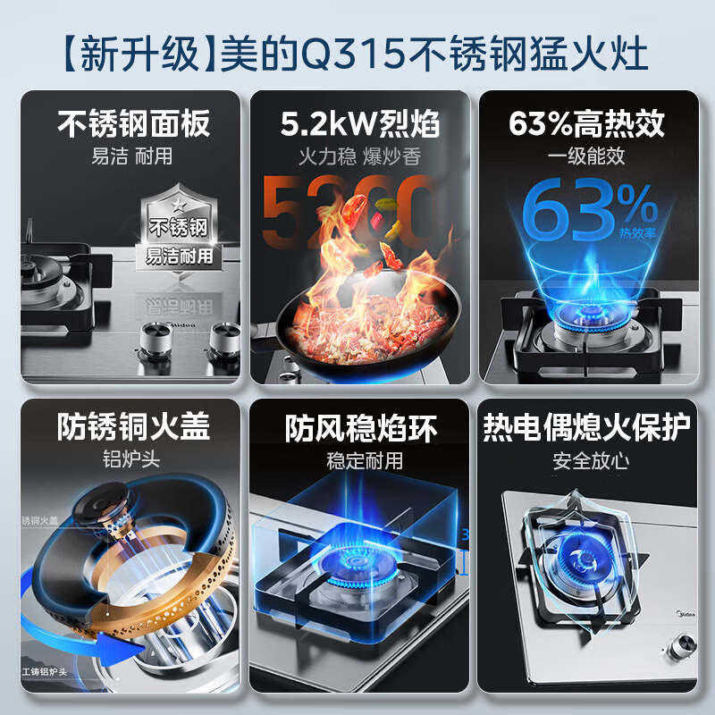 美的燃气灶天然气 双灶具JZT-Q315-M 家用5.2kW猛火灶台嵌两用不锈钢灶高清大图
