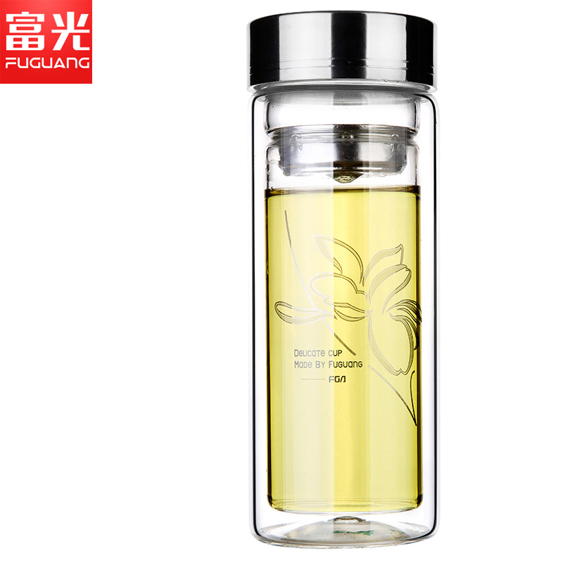 富光(FUGUANG)玻璃杯703-280/320 双层透明带滤网玻璃杯泡茶杯隔热带盖 水杯子商务杯