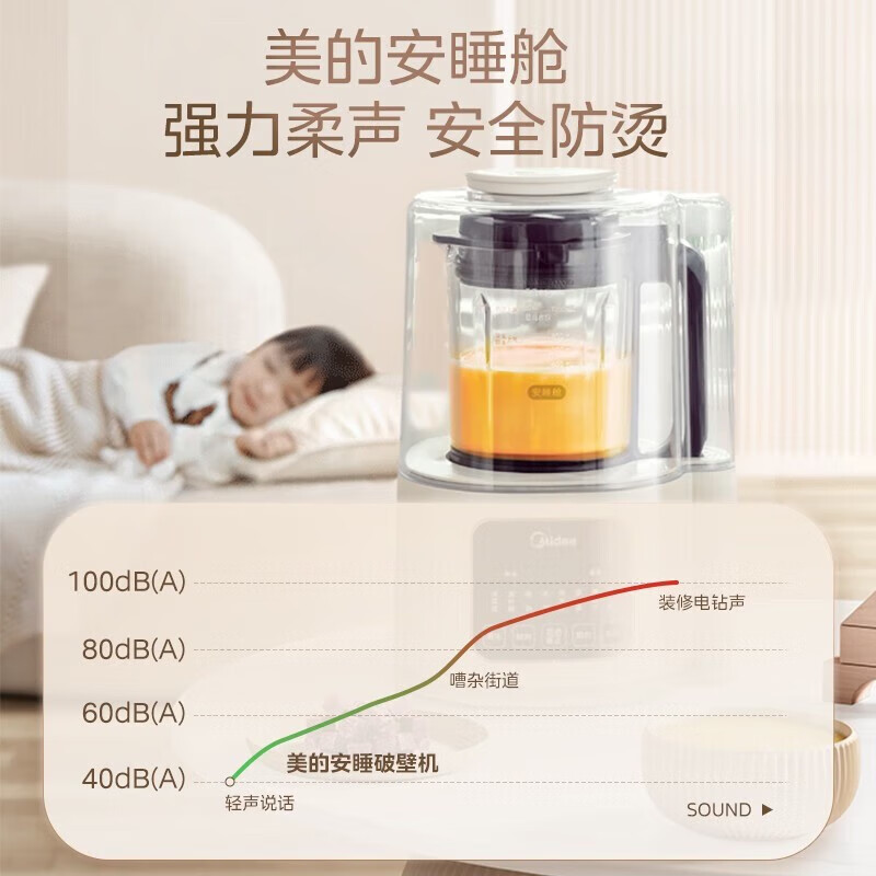美的(Midea)安睡破壁机家用柔音豆浆机低音全自动榨汁机安睡智能辅食机隔音罩降噪料理机 MJ-PB40ST11