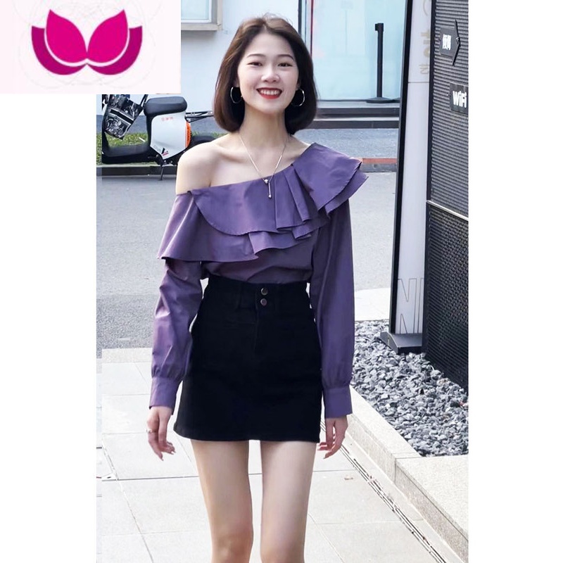 七斓春季新款一字肩上衣甜美荷叶边露肩衬衫女装韩版牛仔裙小个子套装高清大图