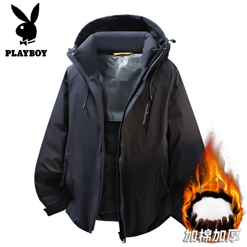 花花公子新款2025冬加厚保暖外套户外防风夹克连帽通勤棉衣高清大图
