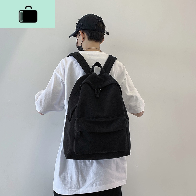 学院风双肩包男韩版简约纯色帆布休闲背包校园高中生潮流百搭书包NEW LAKE 黑色2202款收藏送礼品高清大图
