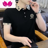 七斓夏季冰丝棉衫男短袖韩版修身翻领半袖青年潮牌有领T恤翻季青 M P0088黑色