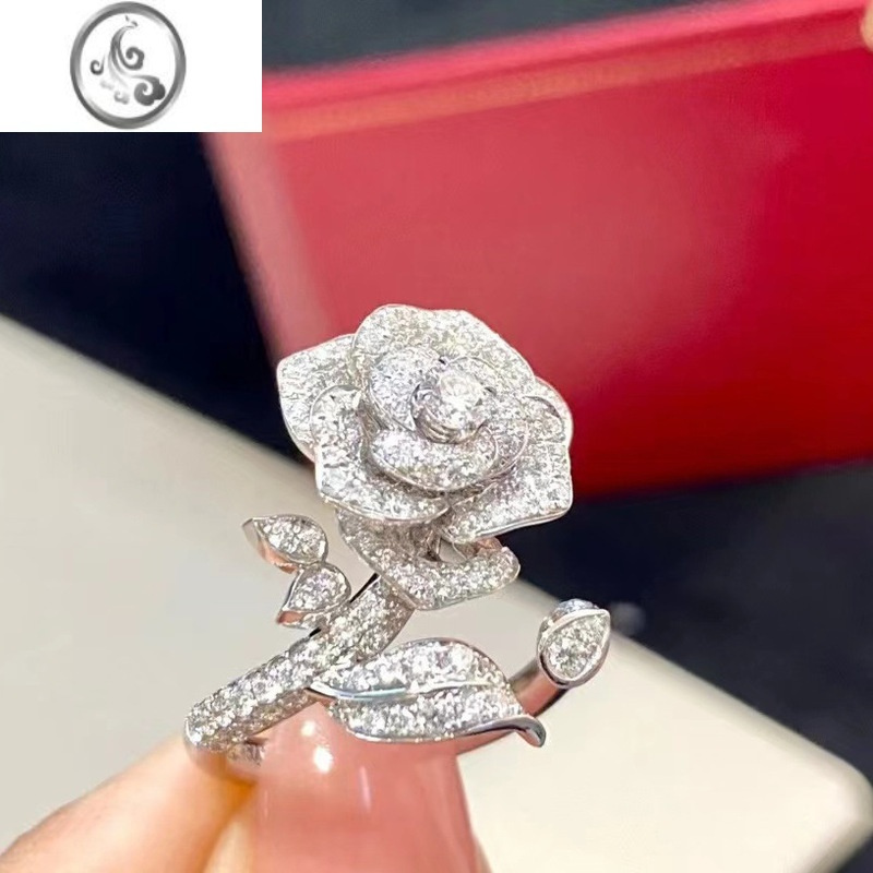JiMivintage微镶满钻轻奢玫瑰花戒指女气质百搭ins网红山茶花指环饰品