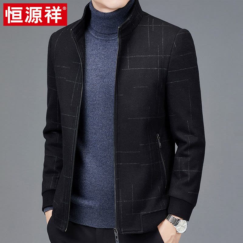恒源祥秋冬新款男士外套中老年爸爸装羊毛呢子保暖厚款立领棉夹克图片