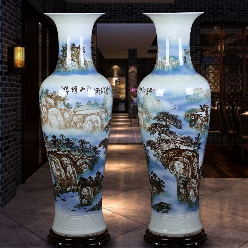 景德镇陶瓷大花瓶手绘青花山水新房乔迁客厅酒店装饰落地摆件 三维工匠 锦绣山河1.2米高清大图