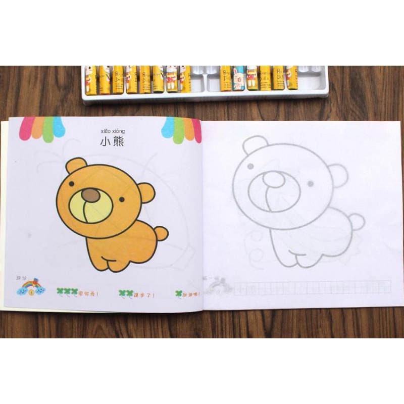 儿童描印画画本手绘幼儿园小手学画画涂色本幼儿园中班描印画画本 全套12本+12色油画棒高清大图