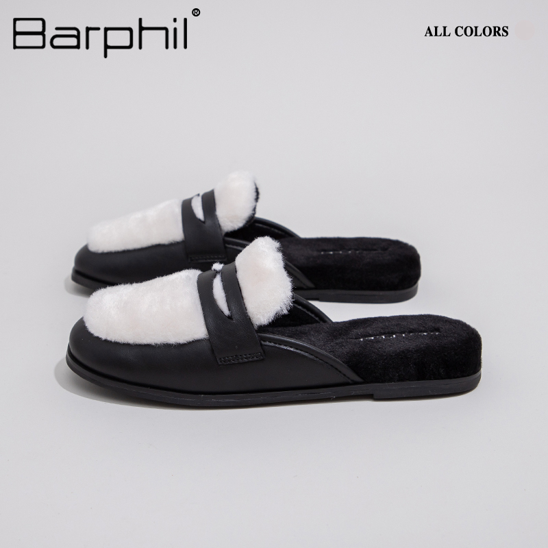 Barphil外穿半拖鞋2023冬季新款加绒保暖懒人一脚蹬棉鞋小皮鞋女