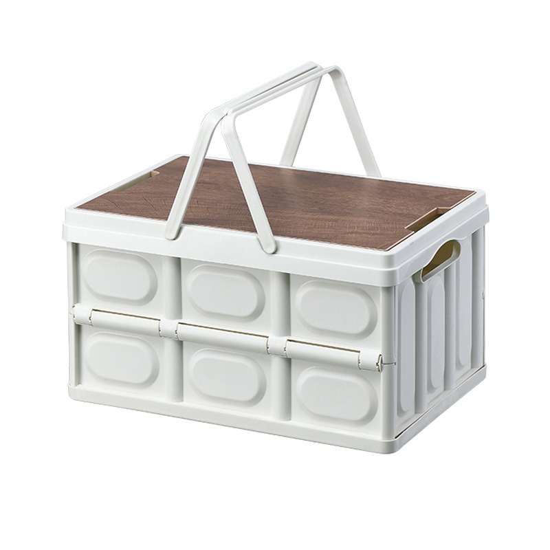 华普思手提收纳箱折叠箱整理箱后备箱置物箱木盖衣服储物箱灰白30L小号43.5*28.5*24CM