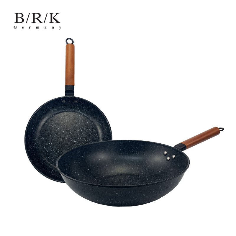 BRK Germany德国BRK双面不粘锅套锅二件套炒锅32cm&煎锅24cm双面麦饭石色不粘锅具烹饪用具燃气灶专用