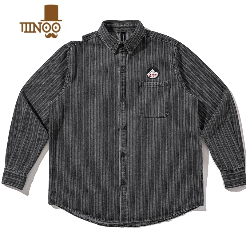 YANXU日系潮牌宽松条纹衬衫男韩版潮流长袖衬衣情侣学生百搭上衣高清大图