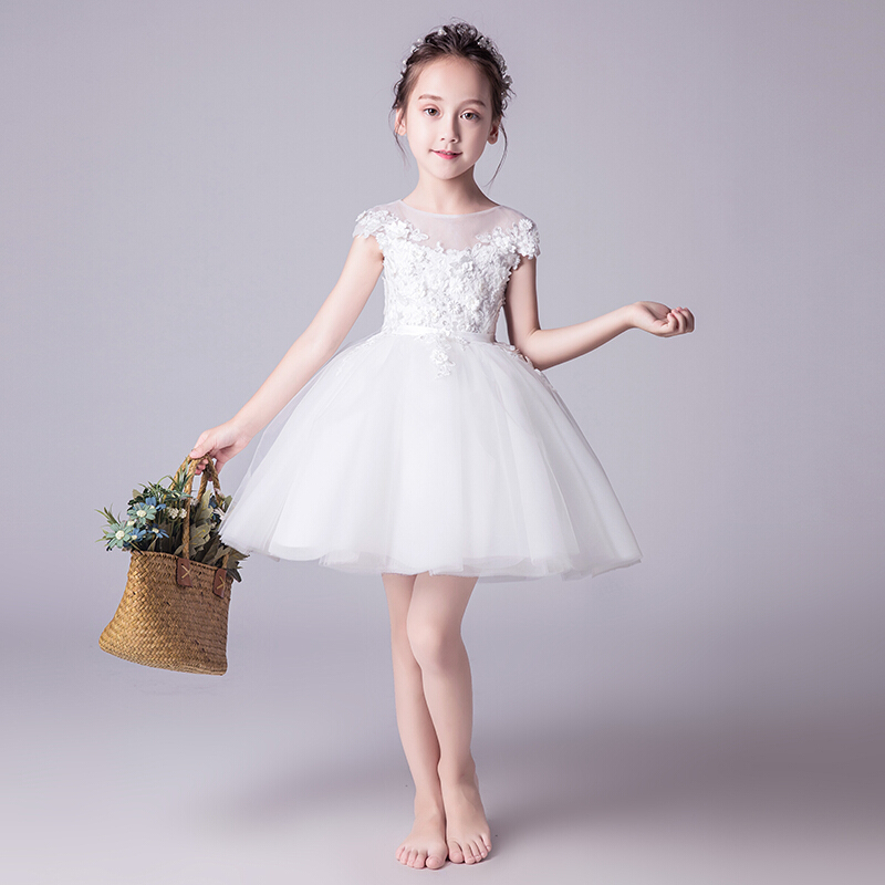女童礼服公主裙儿童走秀蓬蓬纱白色花童婚纱小主持人钢琴演出服夏