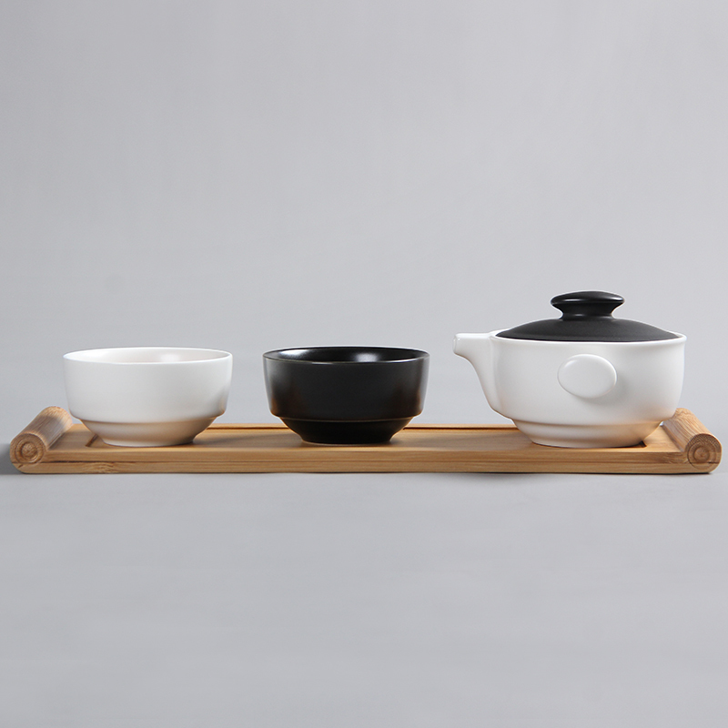 常生源 陶瓷功夫茶具 简约现代 黑白茶具 竹木茶盘 一壶二杯 奉黑白配套组
