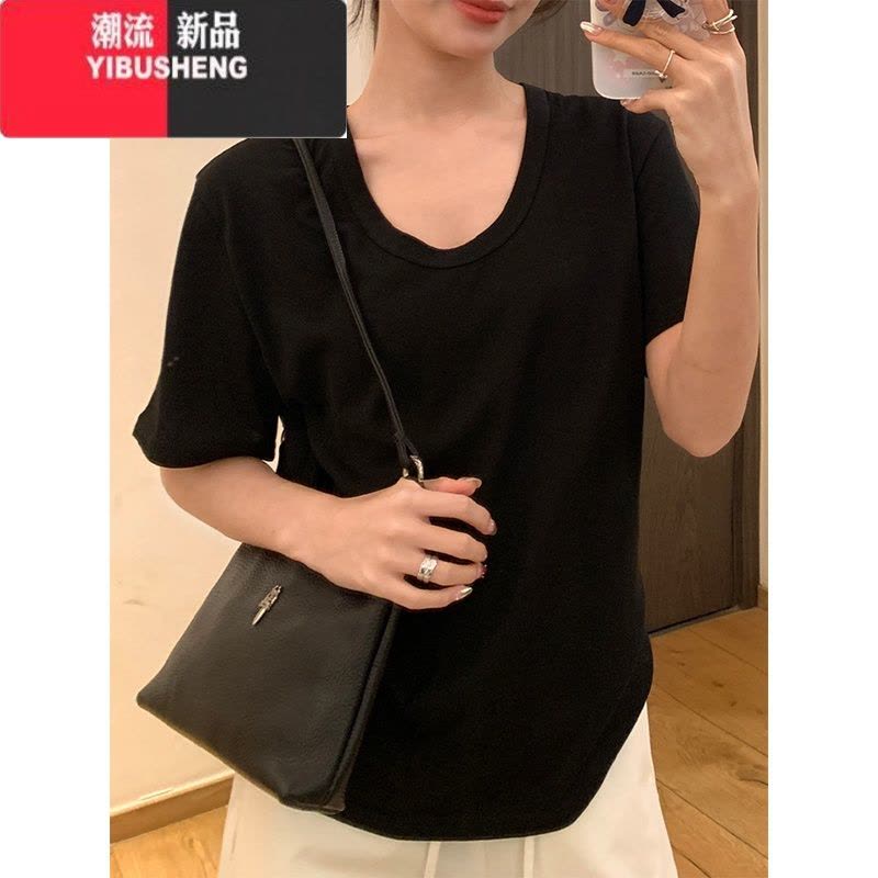 YIBUSHENG灰色低圆领正肩短袖女季新款韩版宽松显瘦百搭基础款T恤上衣潮图片