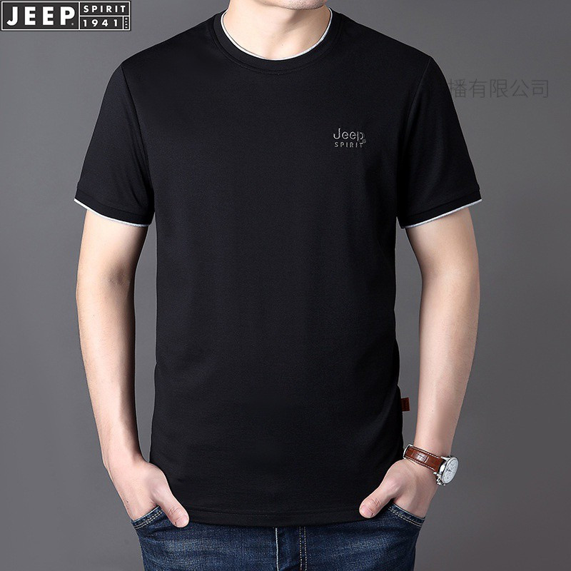 jeepspirit圆领短袖t恤男夏季宽松纯色半袖体恤大码