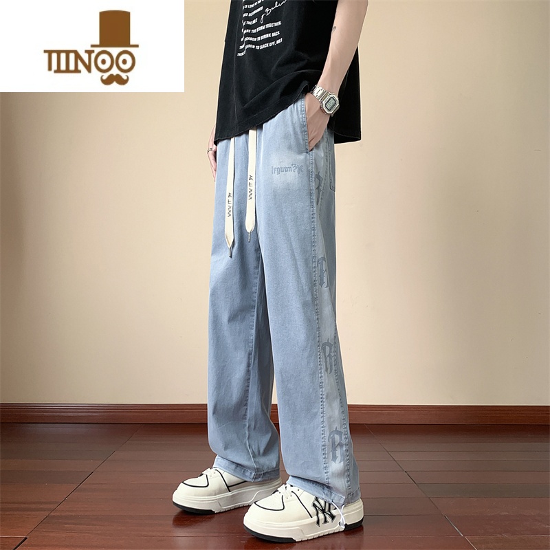 YANXU夏季薄款牛仔裤男初中高中学生宽松直筒长裤潮流大童夏天U闲中男高清大图