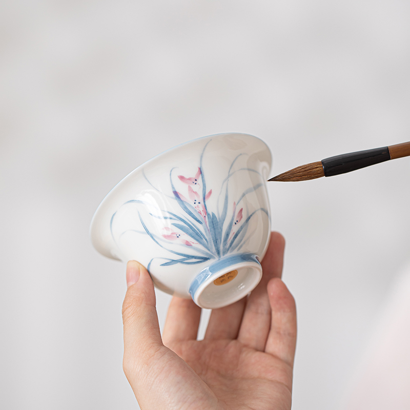 苏氏陶瓷(SUSHI CERAMICS)羊脂玉瓷手绘兰花盖碗香薰手捏花扩香器小套组