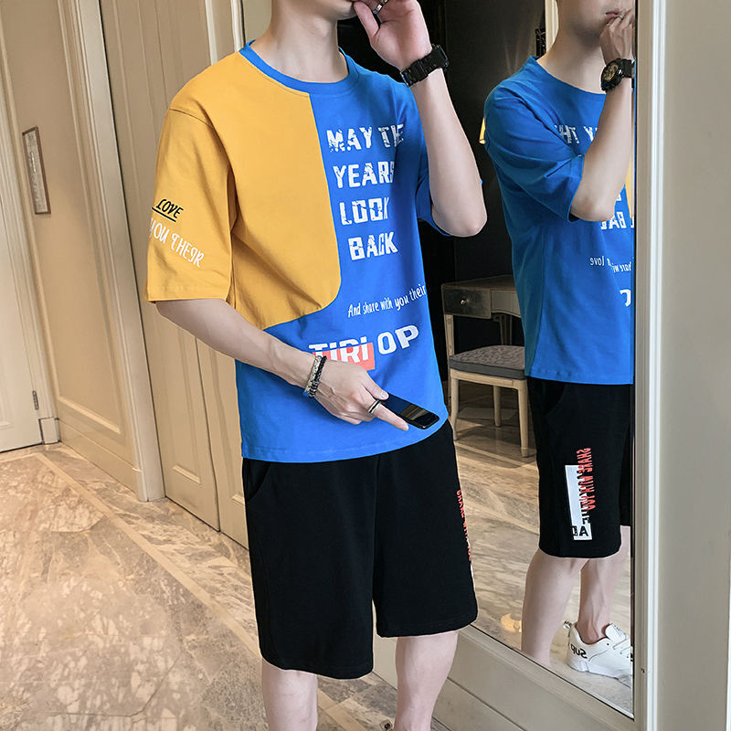 梵克公牛短袖t恤男生套装2021夏季新款韩版潮流休闲宽松五分袖男衣服