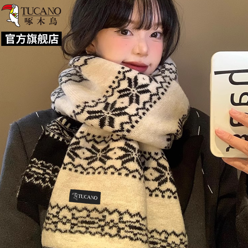 啄木鸟2024冬新款黑白色雪花针织围巾女保暖双面复古文艺围脖冬4高清大图