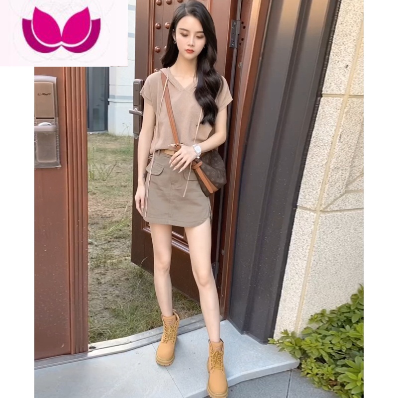 七斓2023年新款夏季盐系穿搭御姐套女时尚工装风牛仔包臀短裙套装 卡其色针织衫+卡其色短裙 L建议110-120斤