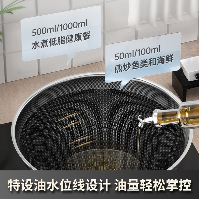 康巴赫第五代抗菌双面炒锅32cm抗菌不锈钢蜂窝平底炒菜锅电磁炉明火燃气通用高清大图