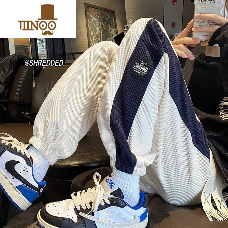 YANXU拼色华夫格裤子男宽松大码潮牌ins港风青少年束脚子脚X束高清大图