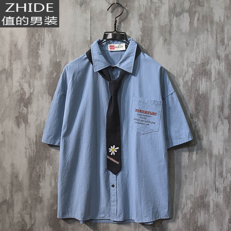 SUNTEK痞帅衬衫男潮流夏季DK制服领带韩版帅气宽松短袖jk衬衣情侣日系潮衬衫高清大图