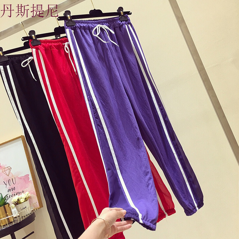 运动裤女夏2018薄款百搭显瘦休闲裤学生韩版宽松原宿bf九分哈伦裤黑色均码