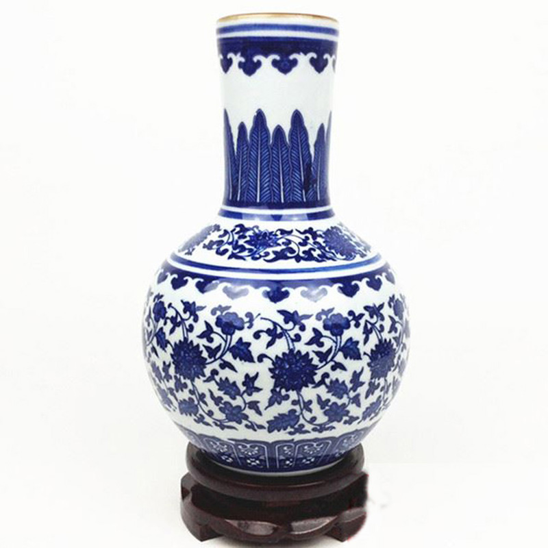泰浦瓯 景德镇陶瓷器 仿古青花瓷小花瓶 天球瓶带底座(by)