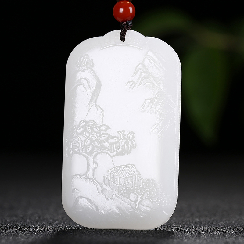 [江岸望山]新疆和田玉山水吊坠男女款玉佩羊脂白玉牌挂件天然玉石