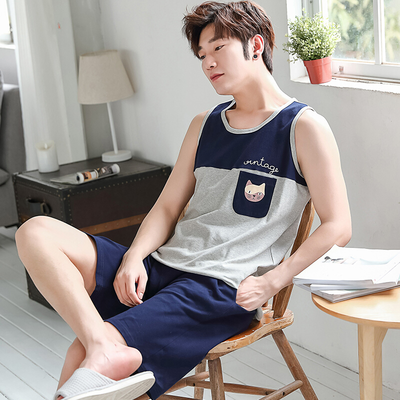 夏季睡衣男背心短裤韩版纯棉无袖休闲薄款青年全棉大码家居服套装