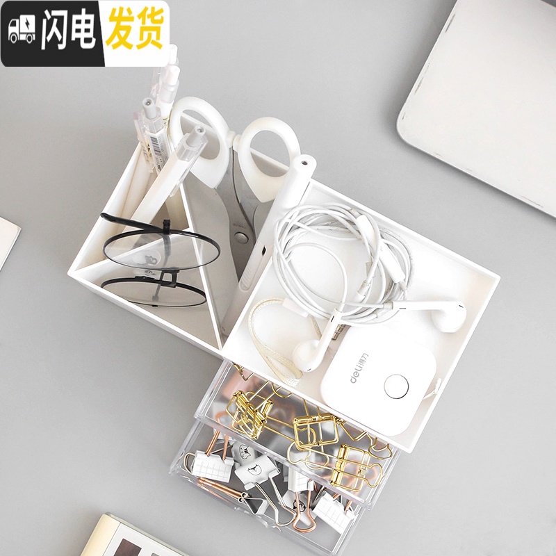 三维工匠尼家文具 北欧风ins桌面收纳盒简约抽屉式办公学习文具笔筒化妆盒高清大图
