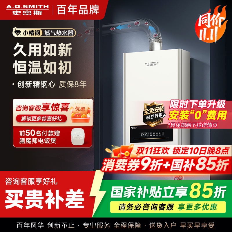 AO史密斯新品小体积16升精钢燃气热水器 JSQ31-EC3 负压燃烧更安全 精控恒温 家用持久恒温大水量
