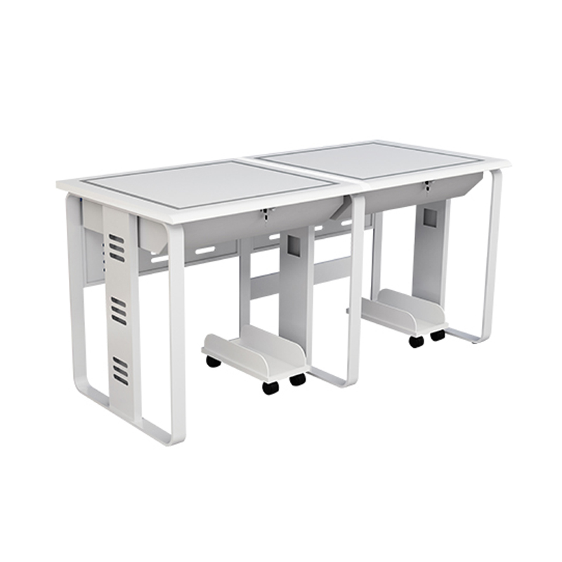 红星鼎龙 定制单人红樱桃色翻转式多媒体电教室中控学生机房电脑桌椅培训桌电脑桌 U型双人翻转电脑桌