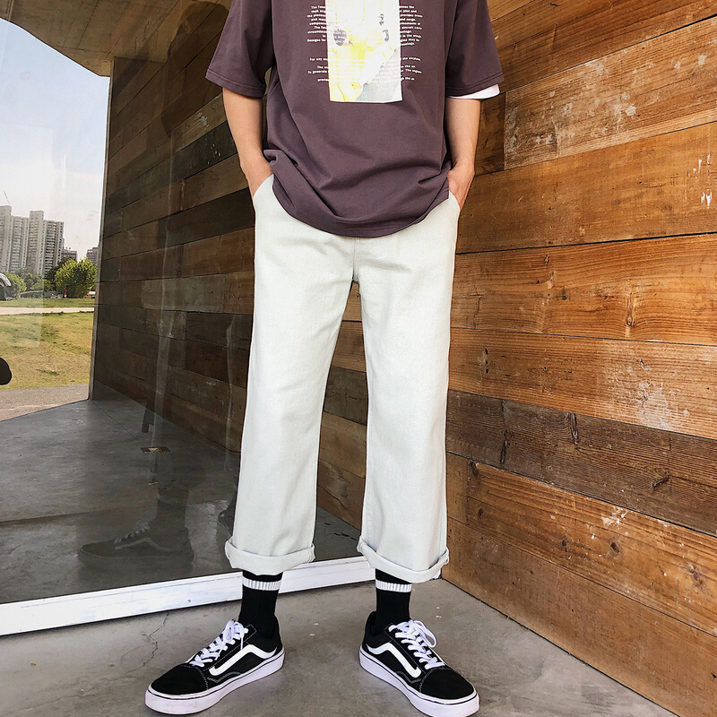 梵克公牛浅灰色牛仔裤男秋季潮牌坠感阔腿裤ins常规九分休闲裤 水洗灰 九分偏短