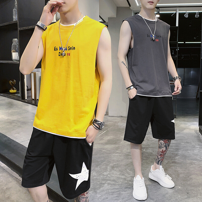 男士套装 梵克公牛2020背心t恤短裤套装男夏装流韩版宽松运动套装两件