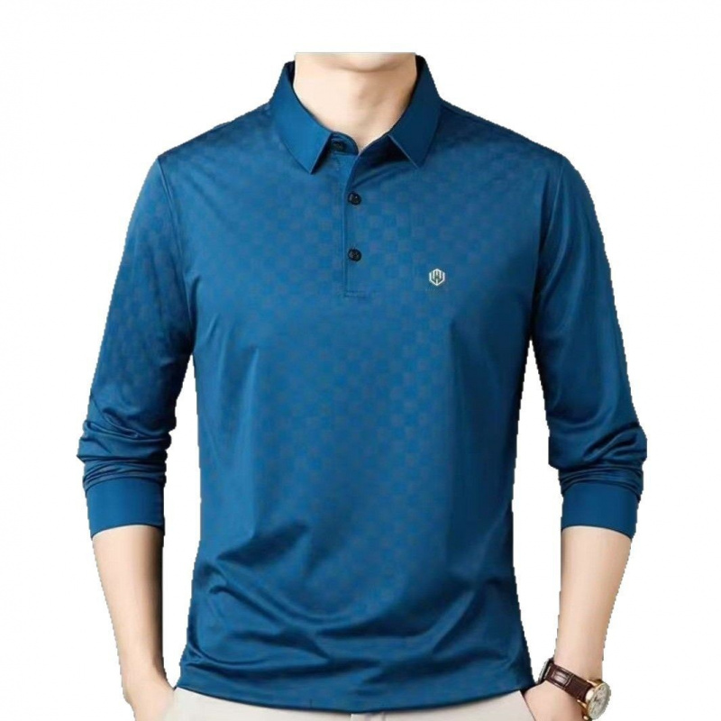 春秋季男式长袖翻领Polo衫简约休闲提花打底T恤衫中年男装上衣