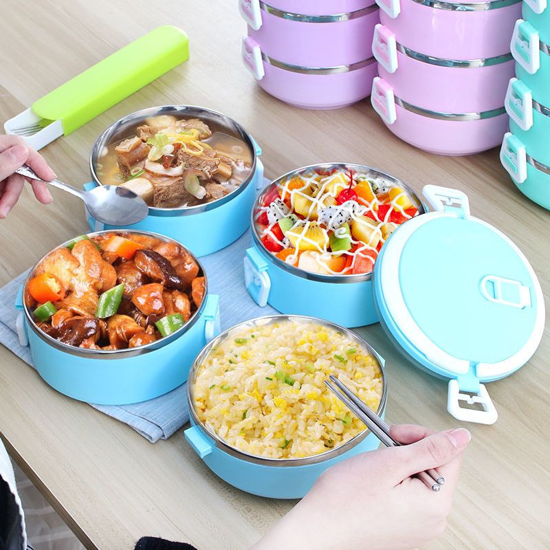 北欧红+餐具+保温袋 三层 大容量便当盒加厚不锈钢饭盒分格保鲜盒多层快餐学生成人保温盒